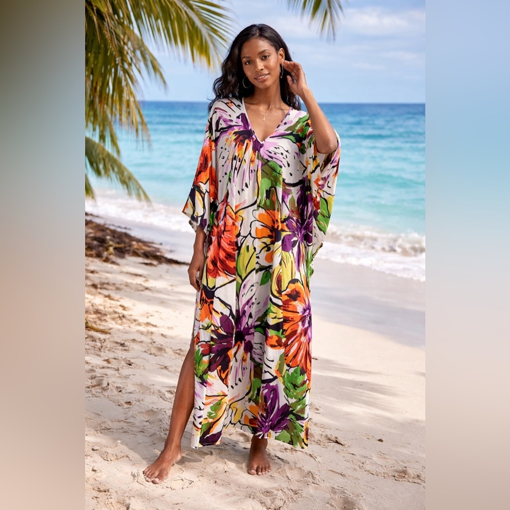 Natori multicolor printed V-neck kaftan loose robe dress beach or‎ casual wear.